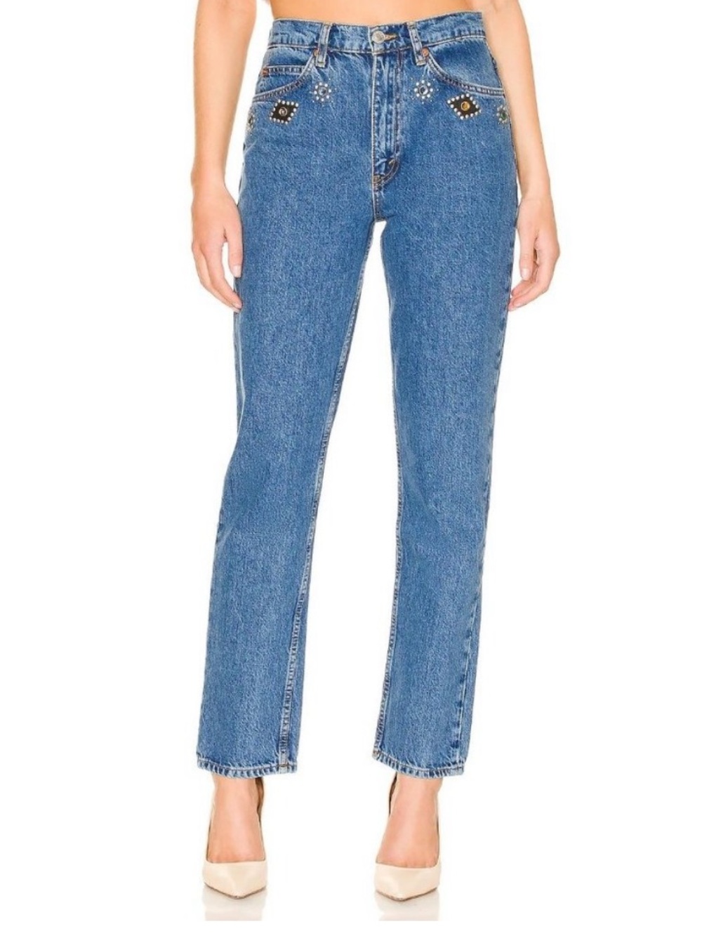 Re/Done Women's 70s Straight Jeans in Jewel Studded Indigo - Picture 5 of 5